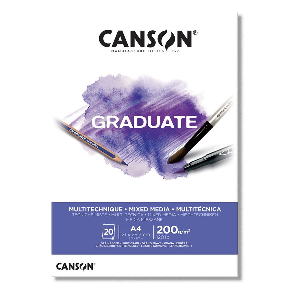 Альбом для смешанных техник Graduate Mix Media 200 г/м², A4 склейка с одной стороны 20 л, белый, Canson C400110377
