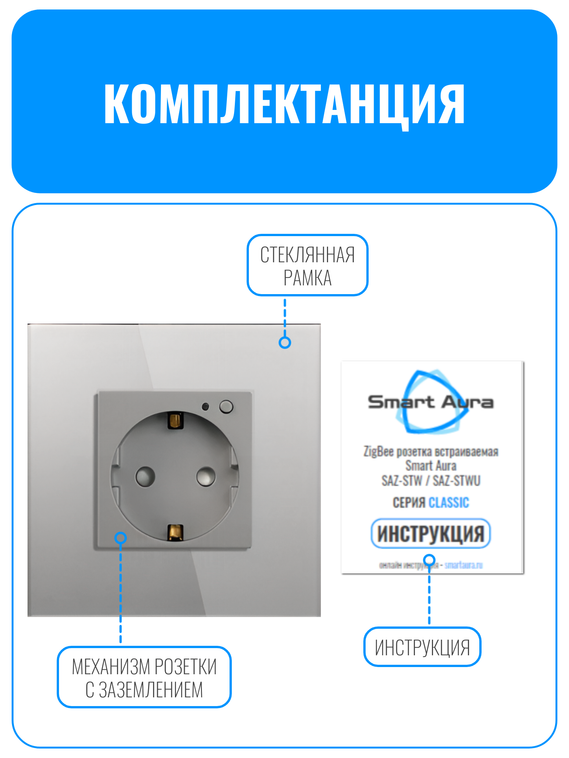 Умная ZigBee розетка с заземлением Smart Aura серия Classic с рамкой из стекла