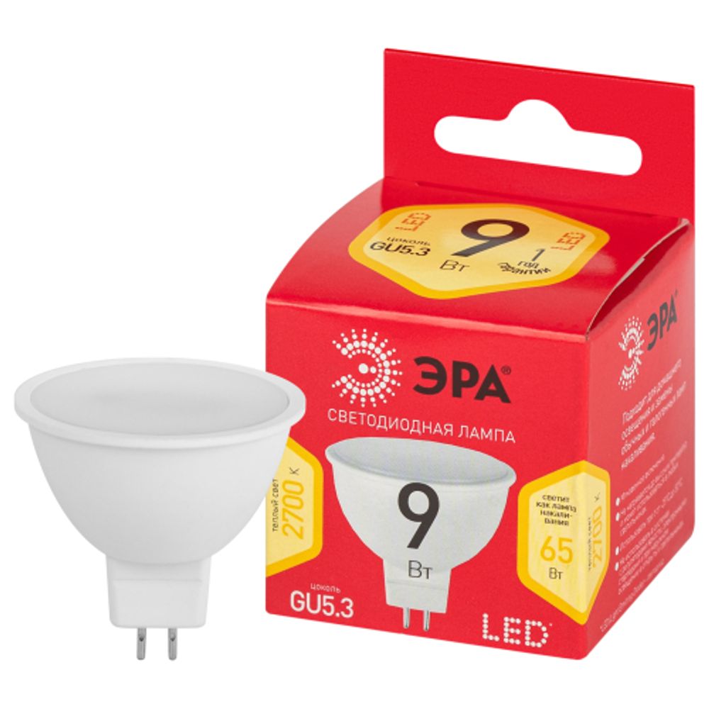 Лампа светодиодная ЭРА RED LINE LED MR16-9W-827-GU5.3 R 9Вт софит теплый белый свет GU5.3 | Лампы cветодиодные Точечные (Софиты) (MR, PAR)