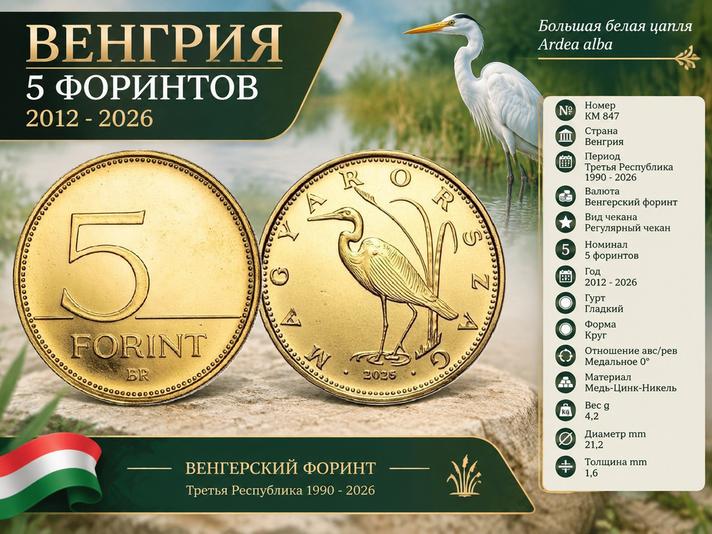 Венгрия 5 форинтов, 2026 Большая белая цапля aUNC