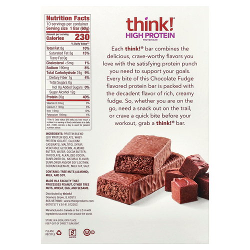 Think !, Высокопротеиновые батончики, шоколадная помадка, 10 батончиков по 60 г (2,1 унции)