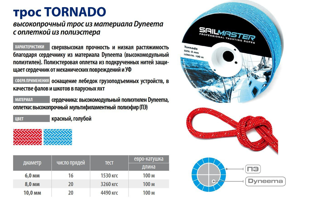 Шнур для яхт (трос)Tornado 6,0 мм, 1530 кг,100 м,еврокатушка