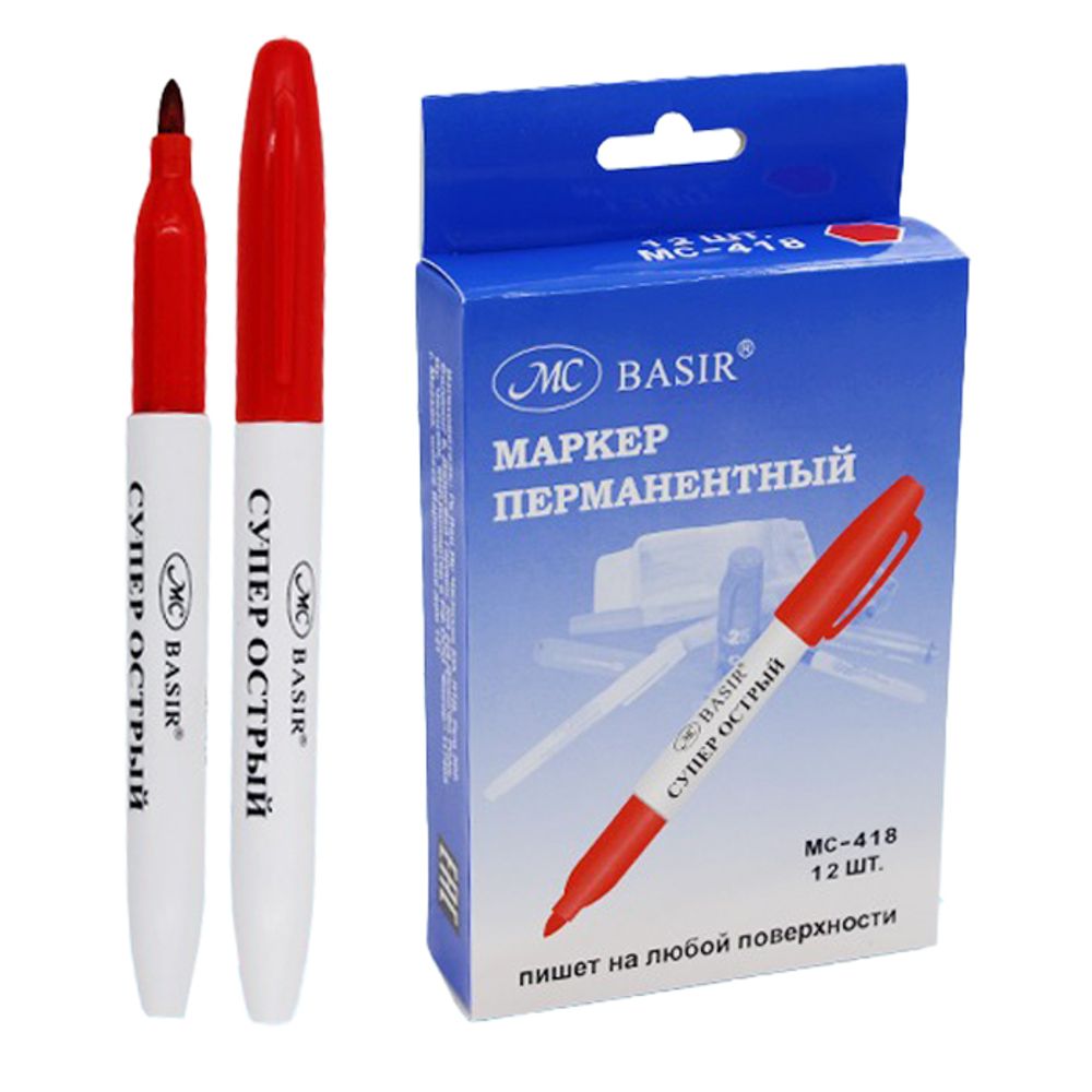 Маркер перманентный Basir, 18 мм, пулевидный наконечник 2 мм, 12 шт, красный Маркер перманентный Basir, 18 мм, пулевидный наконечник 2 мм, 12 шт, красный