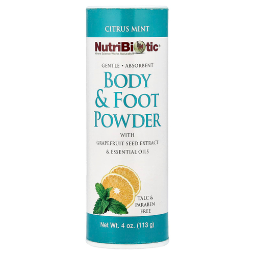 NutriBiotic, Пудра для тела и ног с экстрактом косточек грейпфрута и эфирными маслами, цитрусовая и мята, 113 г (4 унции)