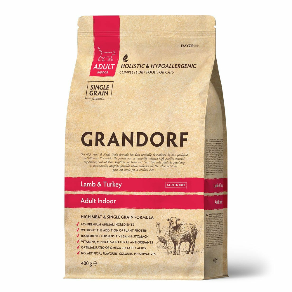 Сухой корм GRANDORF CAT Lamb&Turkey INDOOR для домашних кошек ягненок с индейкой 400 г