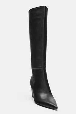 ZARA КОЖАНЫЕ САПОГИ НА ТАНКЕТКЕ, ЧЕРНЫЙ