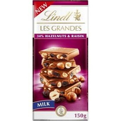 Молочный шоколад Lindt LES GRANDES Hazelnut & Raisin Фундук и изюм, 150 г (из Финляндии)