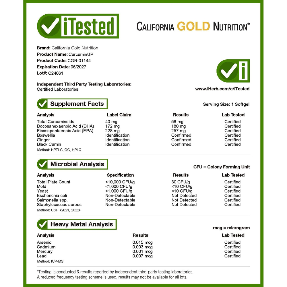 California Gold Nutrition, CurcuminUP™ с комплексом куркумина и омега-3, маслом из семян чёрного тмина, босвеллией и имбирём, 30 капсул из рыбьего желатина