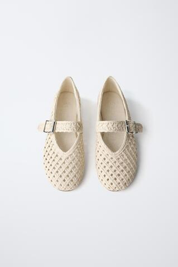 ZARA БАЛЕТКИ ИЗ РАФИИ, ЭКРЮ