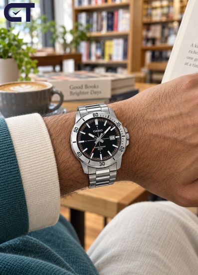 CASIO MTP-VD01D-1E2 CASIO Collection мужские наручные часы — чёрный циферблат, крупный корпус и уверенный стальной дизайн