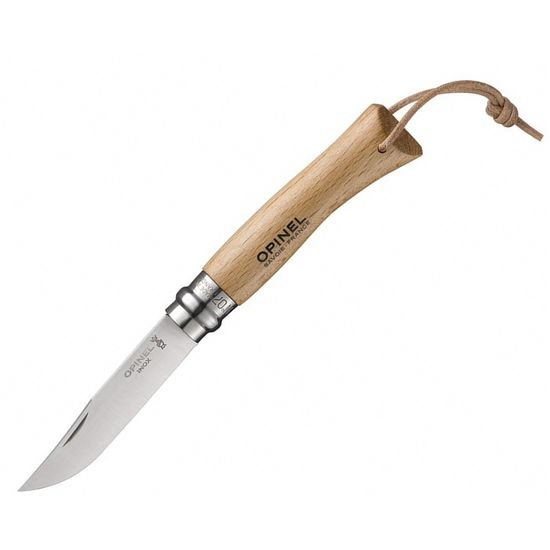 Складной нож Opinel №7, нержавеющая сталь, рукоять из бука, с кожаным темляком c клинком из стали Sandvik™ 12С27