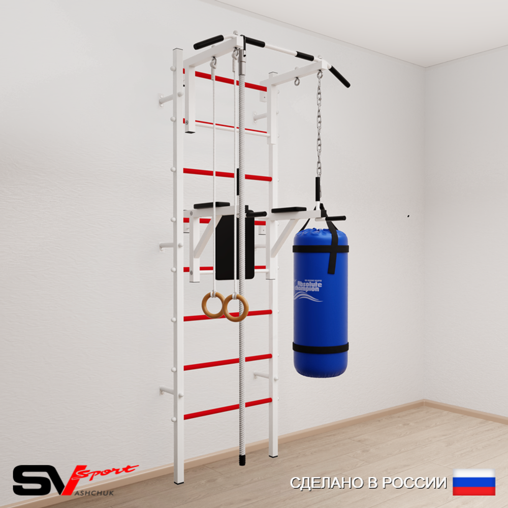 Шведская стенка Sv Sport усиленная 6743 (Турник стандарт/Брусья/Канат/Кольца/Цепь/Мешок 30кг)