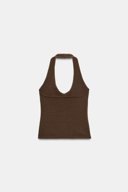 ZARA ТОП С ГОРЛОВИНОЙ ХАЛТЕР И ЗАКРУГЛЕННЫМ НИЗОМ, КОРИЧНЕВЫЙ
