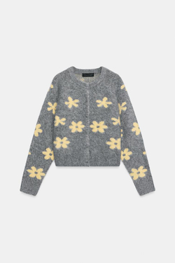 ZARA ЖАККАРДОВЫЙ КАРДИГАН С ЦВЕТОЧНЫМ ПРИНТОМ, СЕРЫЙ
