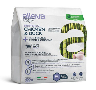 Alleva Holistic Neutered Курица/Утка/Сахарный тростник/Женьшень (б/зерн) для кошек 400 г