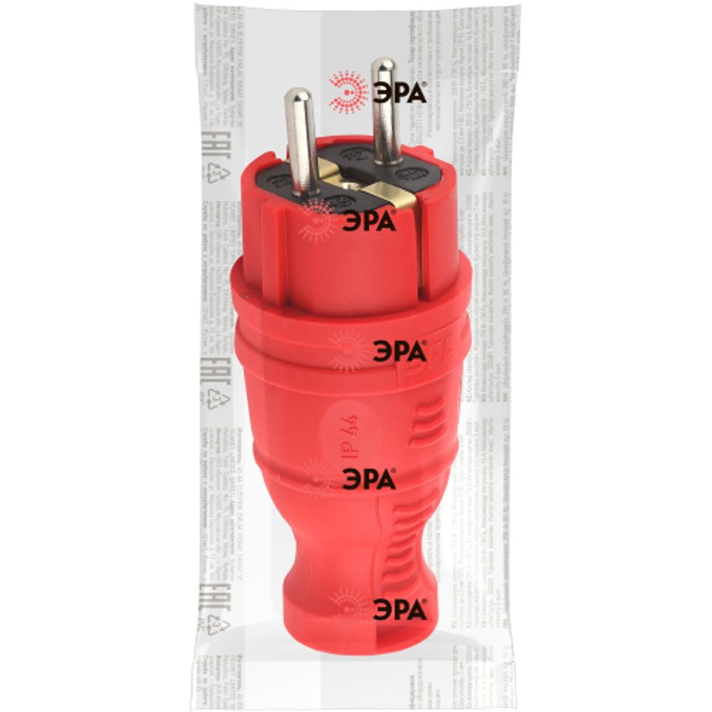 Вилка ЭРА V8-RED-IP44 каучуковая с заземлением прямая 16A IP44 красная | Электротовары