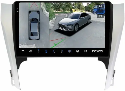 Магнитола для Toyota Camry 50 2011-2014 (рамка серебристо-черная 10) - Teyes CC3-2K-360 на Android 10, Быстрая, 2K QLED, CarPlay, 4G SIM-слот, 4 камеры в комплекте