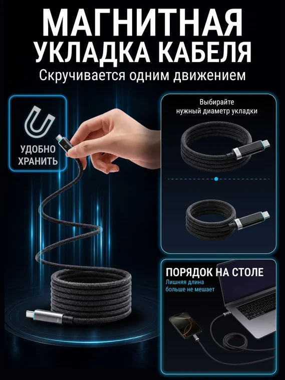 Кабель CUKTECH Type-C to Type-C Magnetic с дисплеем (CMC615P) (6A, 240W, 1.5м) Черный (Black)