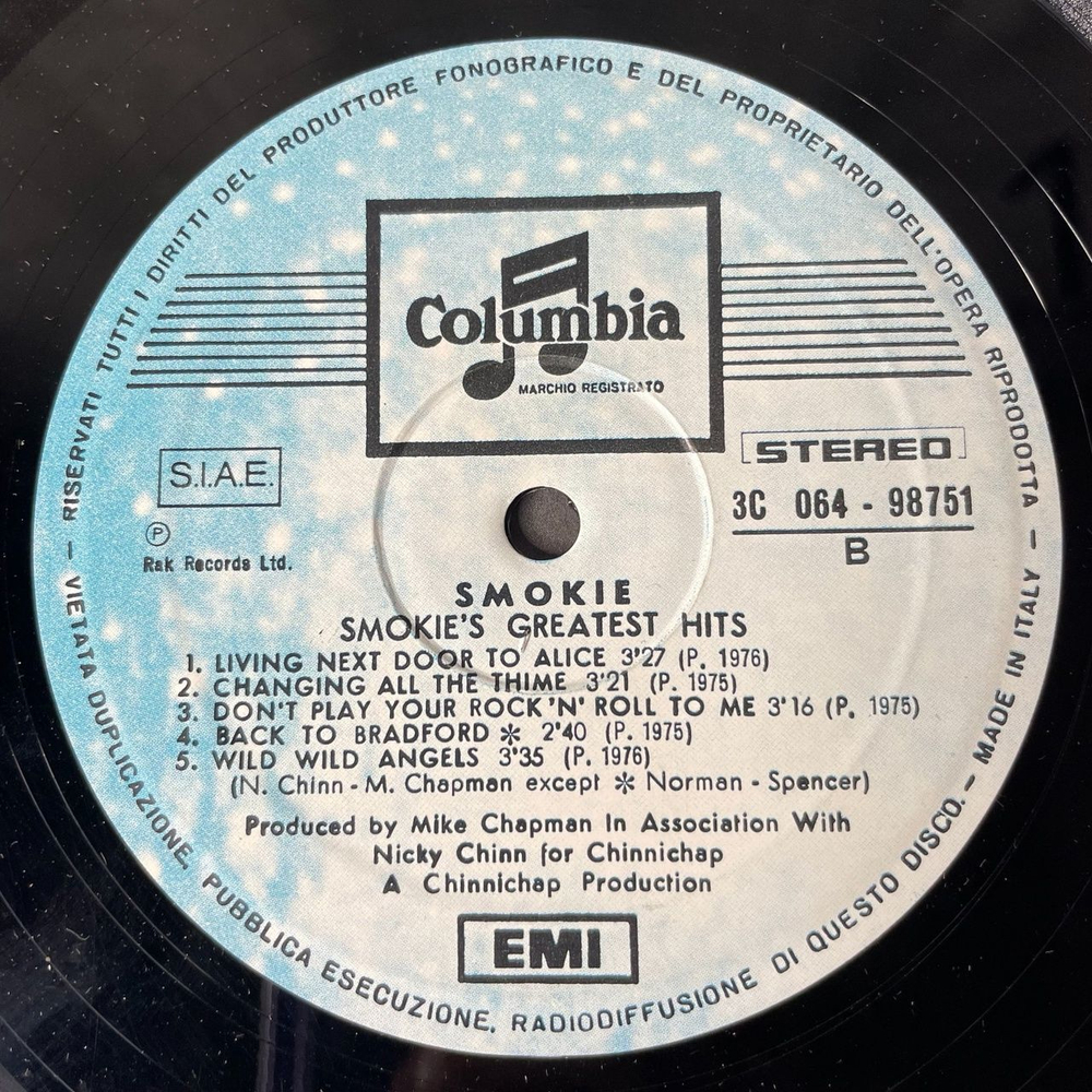 Винтажная виниловая пластинка LP Smokie Greatest Hits (Italy 1977) I'll Meet You At Midnight