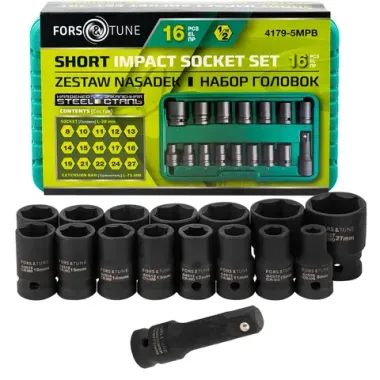 Головки ударные, набор 16пр., 1/2''(8, 10-19, 21, 22, 24, 27мм, 6гр.) FORSandTUNE FORSandTUNE-4179-5MPB