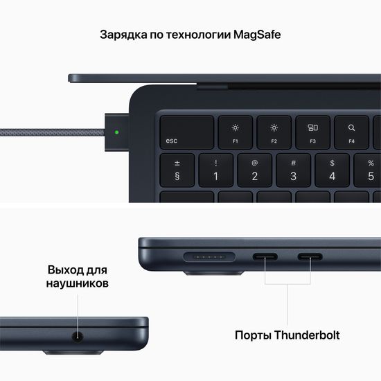Apple MacBook Air 13" (M2, 8C CPU/10C GPU, 2022), 8 ГБ, 512 ГБ SSD, «полуночный черный»