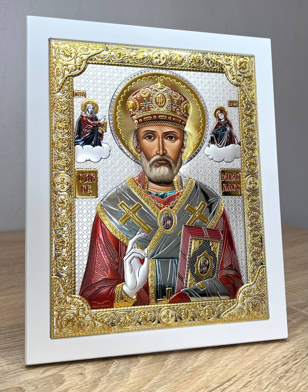 Николай Чудотворец, икона прямоугольная с рамкой, белое дерево, эмаль 185х235