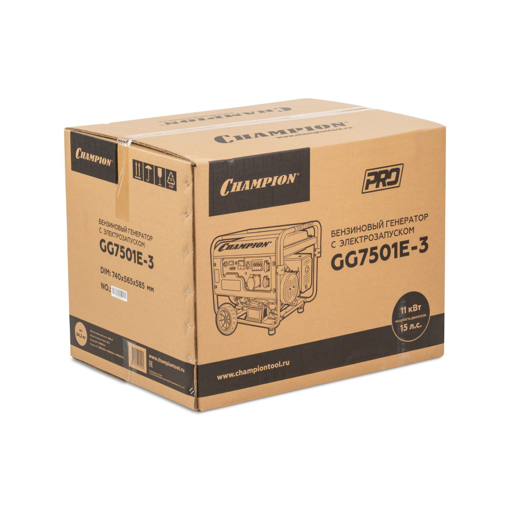 Генератор CHAMPION GG7501E-3 (PRO 400В7,5/8,1кВАcosф=0,8 15лс25л230/12В84,2кг,эл.стартер,счетч.колес