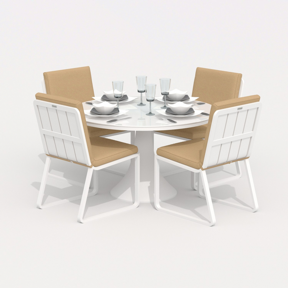 Обеденная группа Ideal Patio ДИВА ГИРА  каркас белый, стол стекло диа 110, ткань бежевая