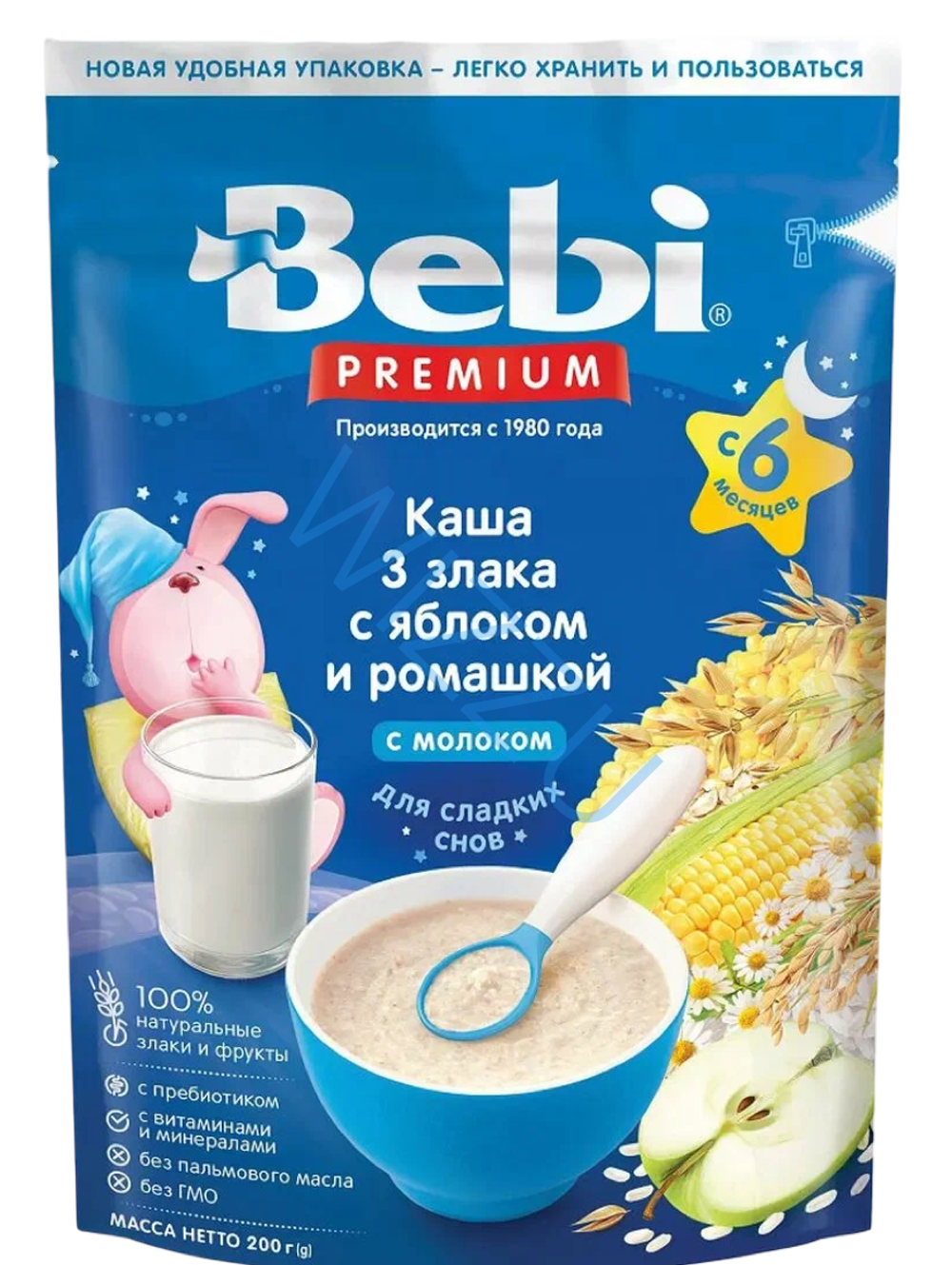 Каша молочная Bebi Premium 200 г для сладких снов 3 злака с яблоком и ромашкой (с 6 мес.)