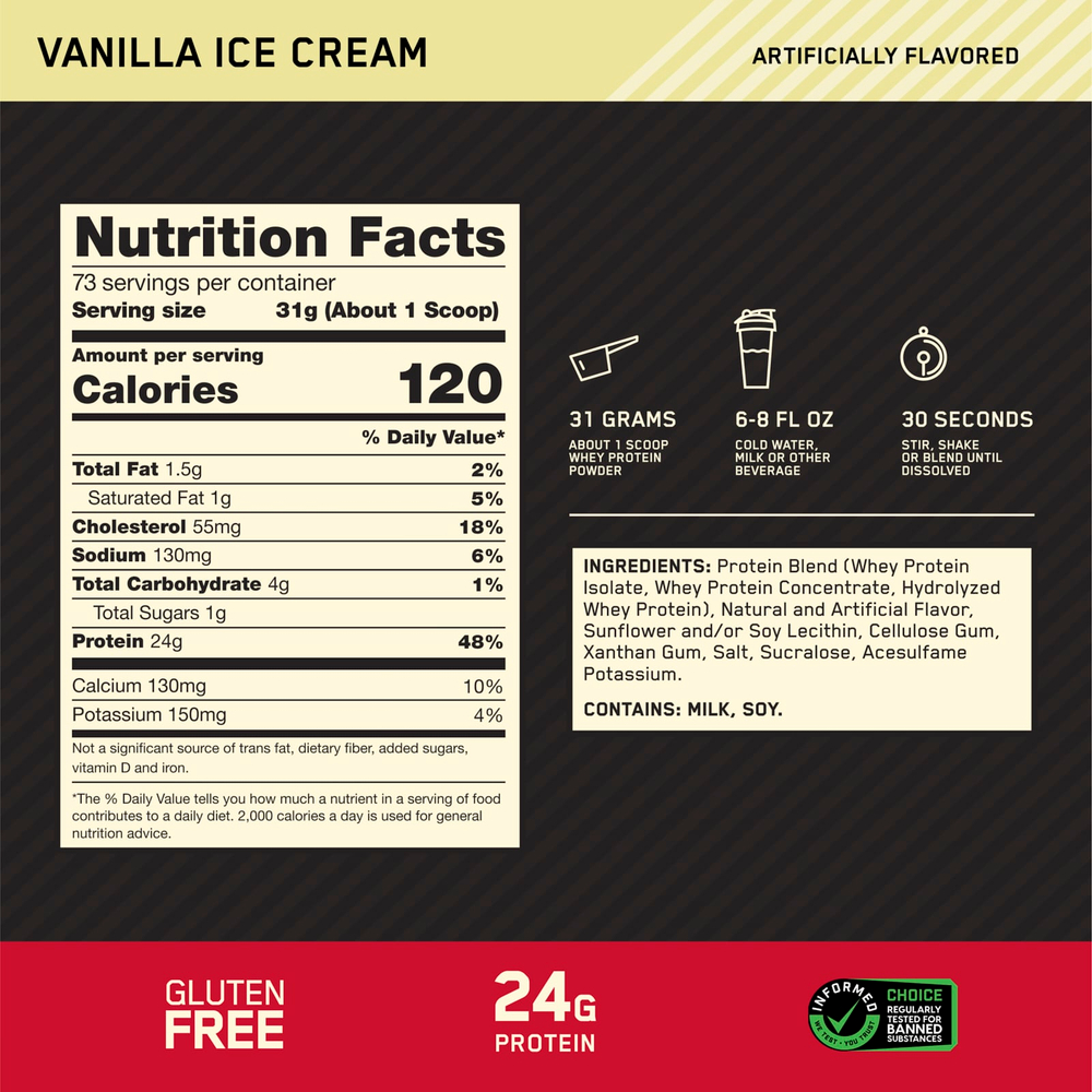 Optimum Nutrition, Gold Standard 100% Whey, сывороточный протеин, со вкусом ванильного мороженого, 2,26 кг (5 фунтов)