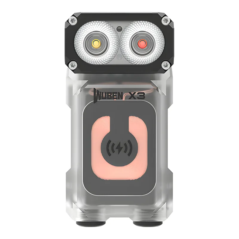 Фонарь Wuben X3 Pro, белый - вид спереди, прозрачный корпус и два светодиода