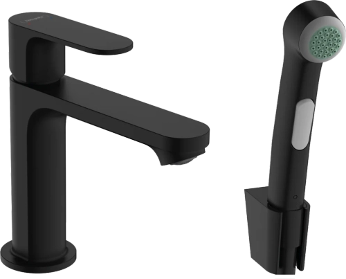 Смеситель для раковины hansgrohe Rebris S 110 без сливного гарнитура, с гигиеническим душем, матовый черный