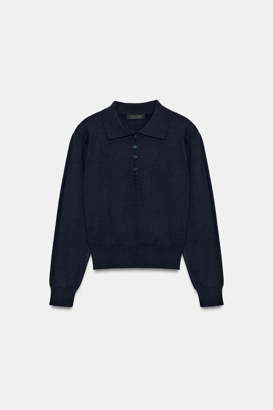 ZARA ТРИКОТАЖНЫЙ ПОЛО С ПОДПЛЕЧНИКАМИ, СИНИЙ
