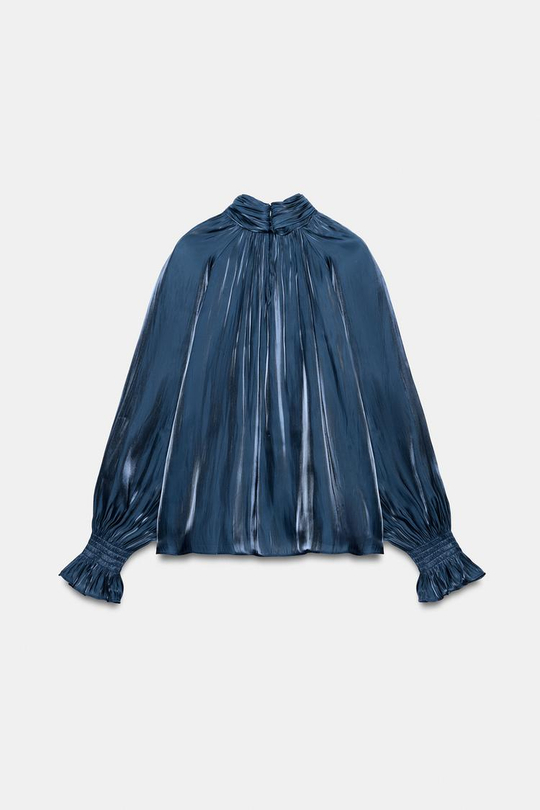 ZARA АТЛАСНАЯ БЛУЗА С БАНТОМ, МОРСКОЙ СИНИЙ