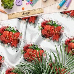 Ткань лен красные букеты на белом фоне