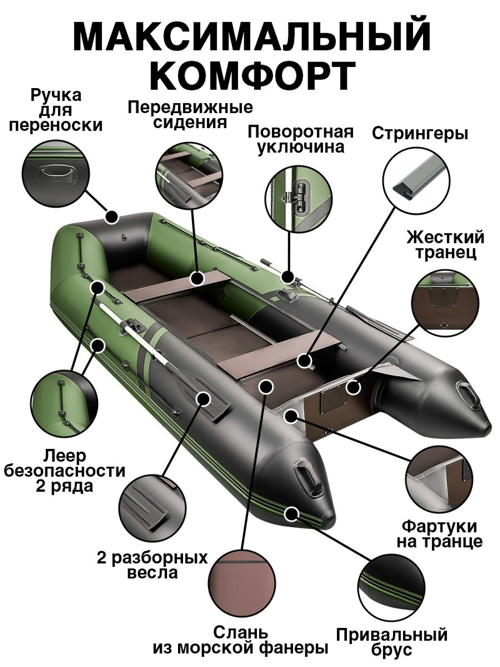 Броня-360 СК слань+киль зеленый-черный (Лодка ПВХ под мотор с усилением)