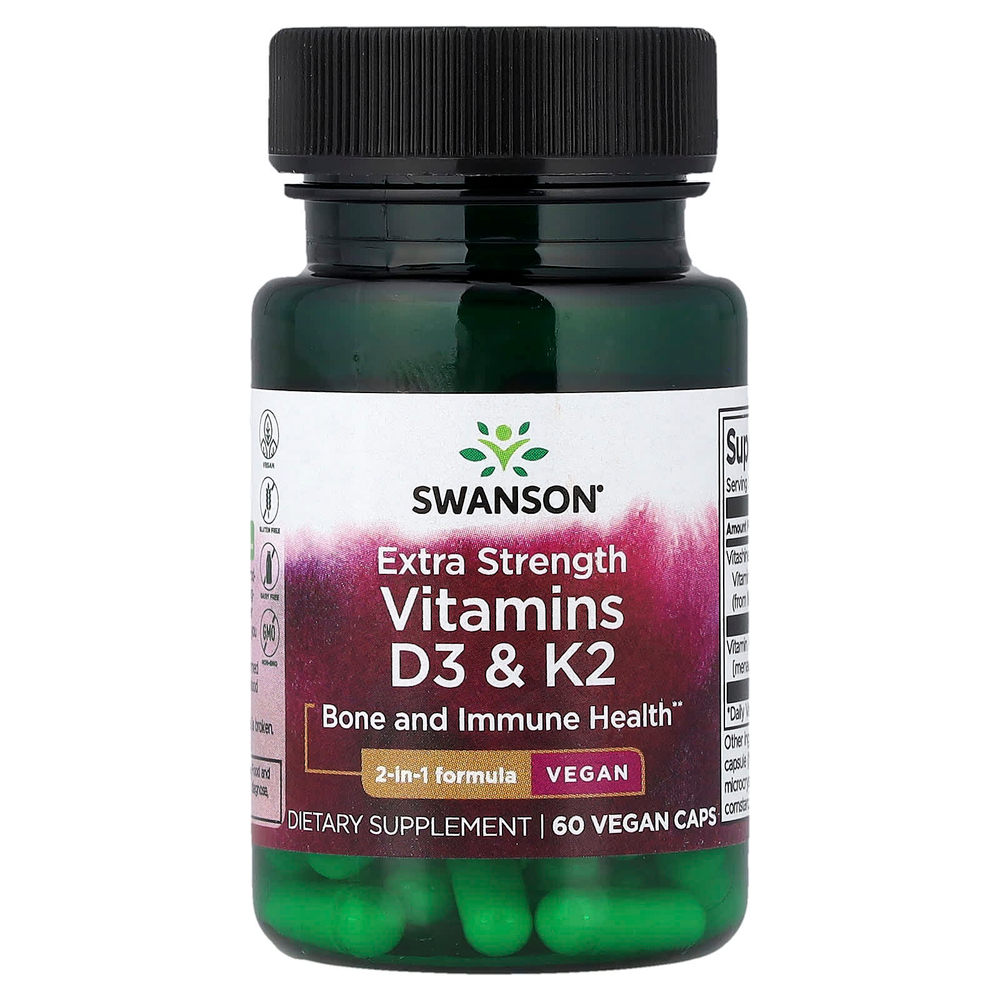 Swanson Vitamins, Витамины D3 и K2, 60 растительных капсул
