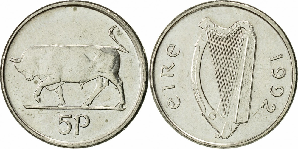 Ирландия 5 пенсов, 1992-2000 Бык XF