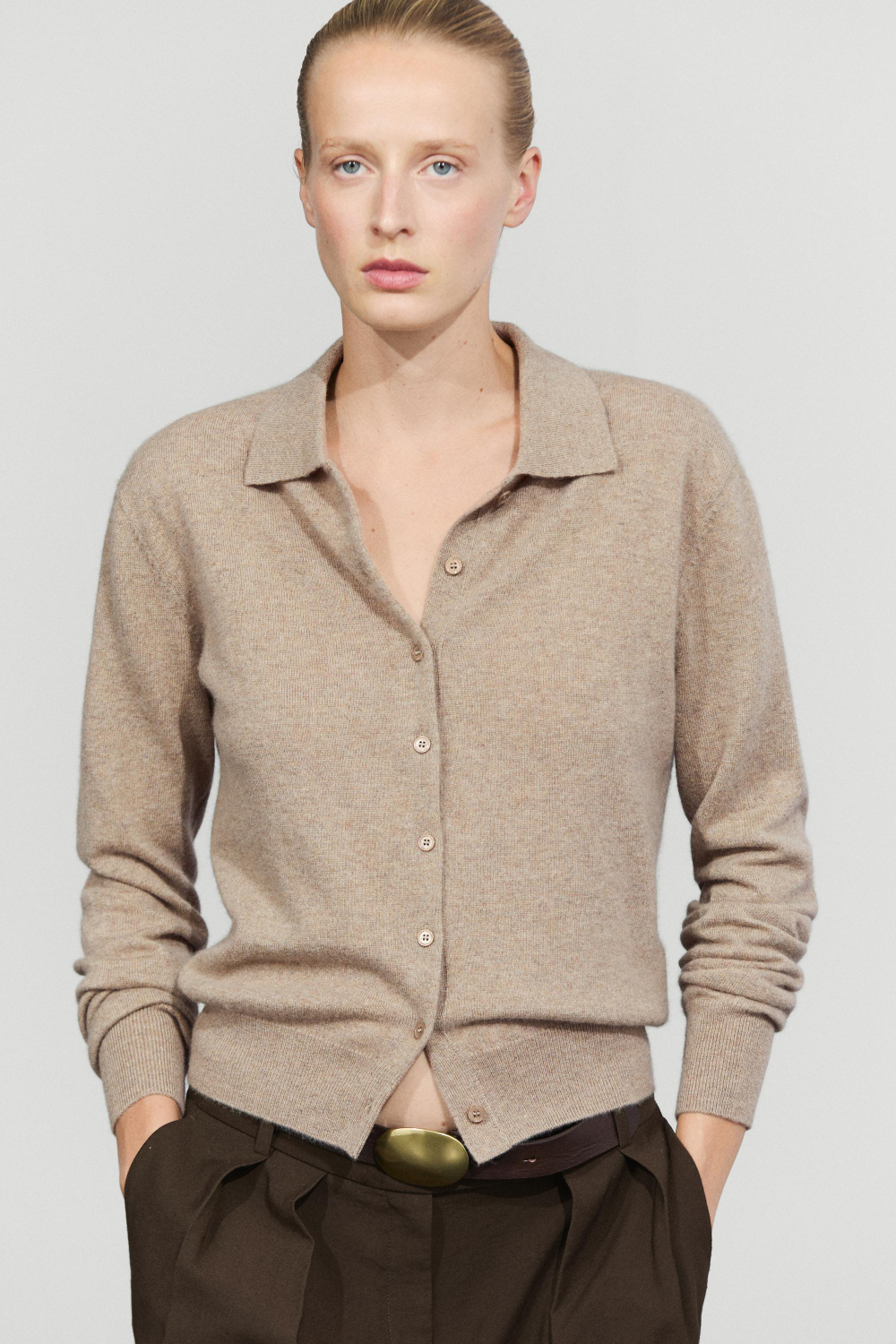 Massimo Dutti Кардиган из 100% кашемира с воротником поло, норка