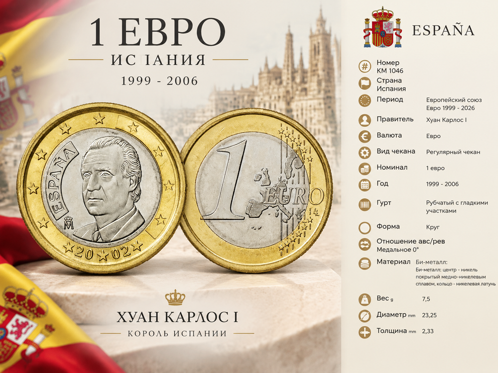 Испания 1 евро, 2002 Король Хуан Карлос I XF