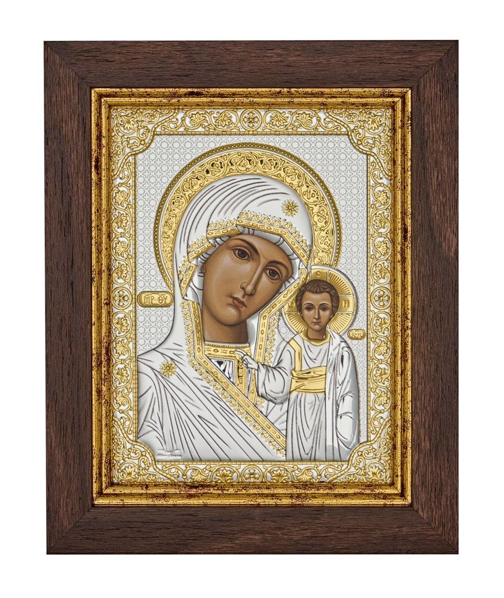Икона Казанской Божией Матери ( 170х210 мм, Деревянная рамка, стекло, красное дерево) — шелкография на сусальном золоте