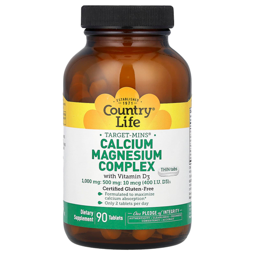 Country Life, Target-Mins, комплекс с кальцием, магнием и витамином D3, 90 таблеток