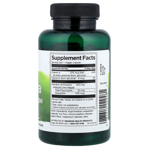 Swanson Vitamins, сине-зеленая водоросль спирулина, стандартизированная, 90 растительных капсул