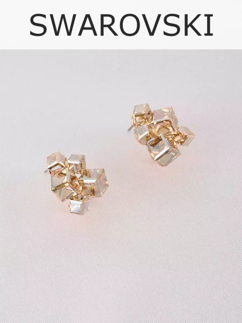 Серьги гроздья Мираж с кубиками Swarovski цвета шампань