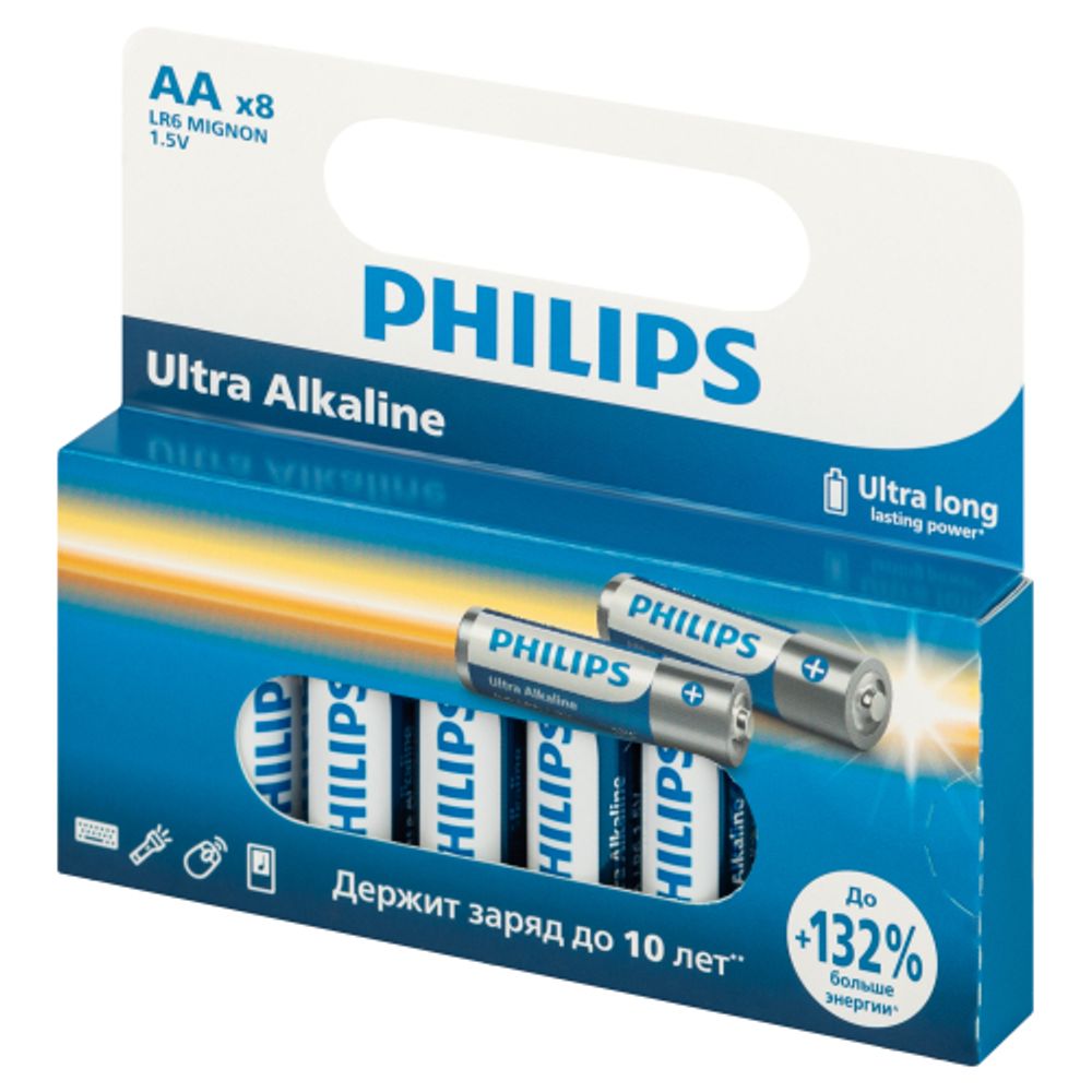Батарейки Philips LR6E8W/51 АА алкалиновые 1,5v 8 шт. LR6-8BL Ultra | Батарейки Щелочные (Алкалиновые)