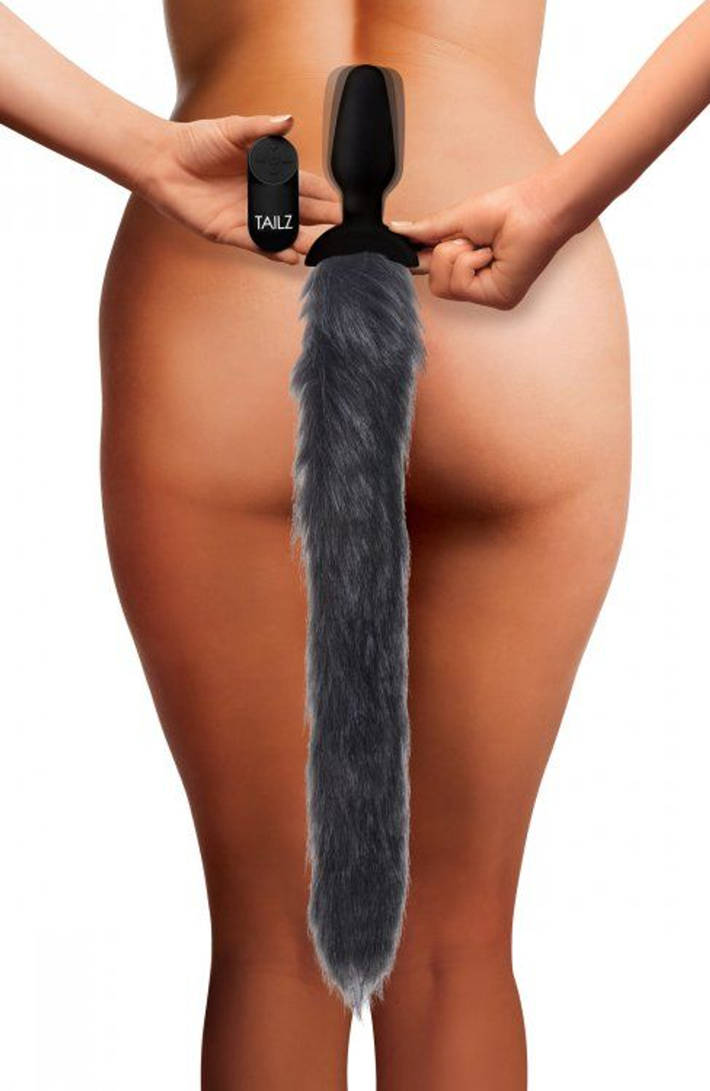 Черная анальная вибропробка с серым лисьим хвостом Grey Fox Tail Vibrating Anal Plug (Цвет: черный с серым)