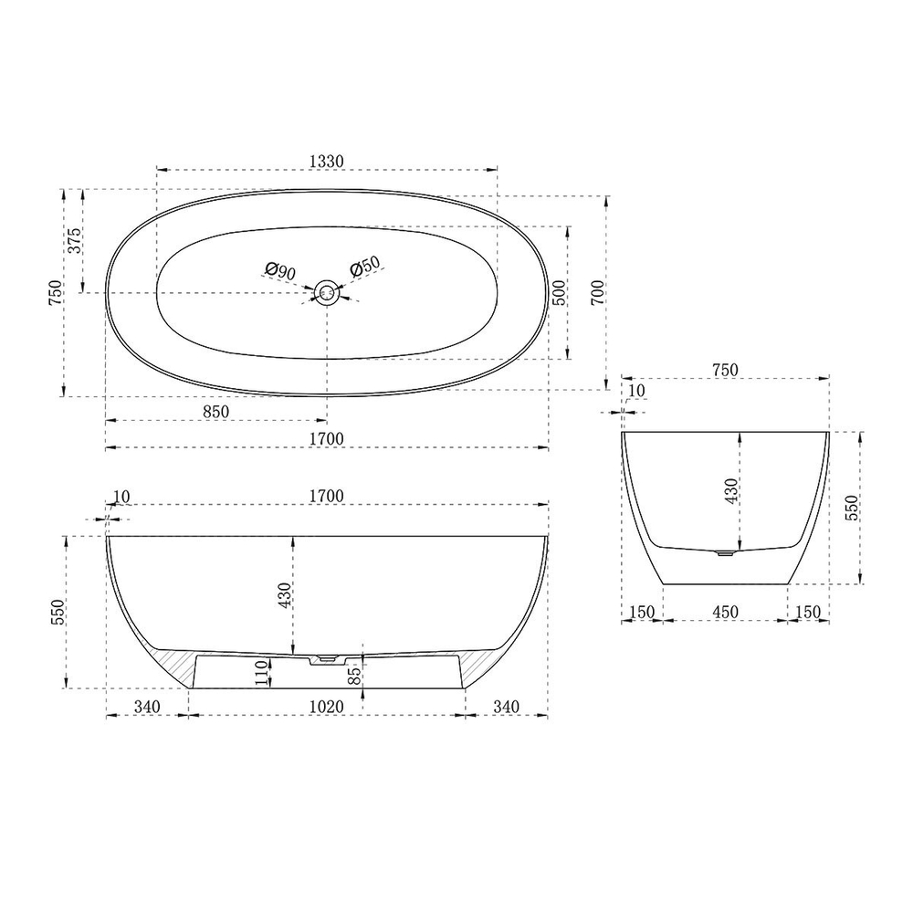 Ванна прозрачная Vincea VBT-6T01BR, 1700*750*550, цвет янтарь прозрачный,