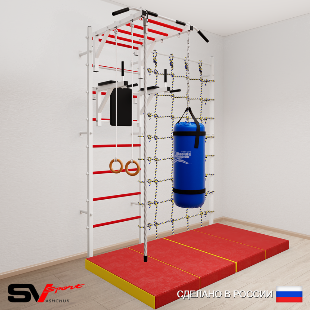 Шведская стенка Sv Sport усиленная 64460 (Турник рукоход/Брусья/Канат/Кольца/Цепь/Мешок 22кг/Мат 2м/Канатный лаз)