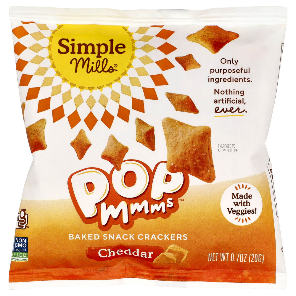 Simple Mills, PopMmms ™, запеченные крекеры с чеддером, 8 пакетиков по 20 г (0,7 унции)
