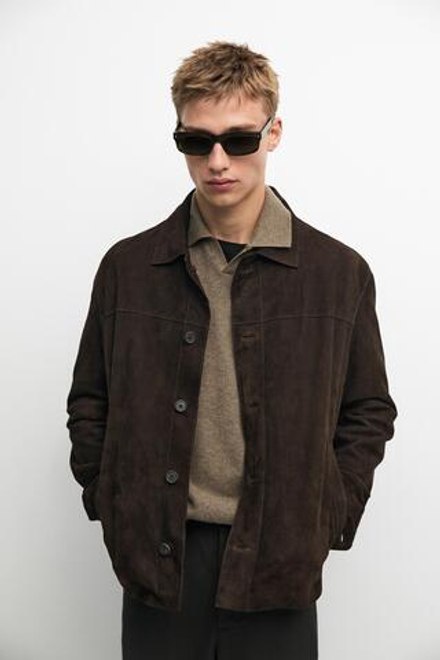 Massimo Dutti Куртка-рубашка из замшевой кожи с карманом, шоколадный
